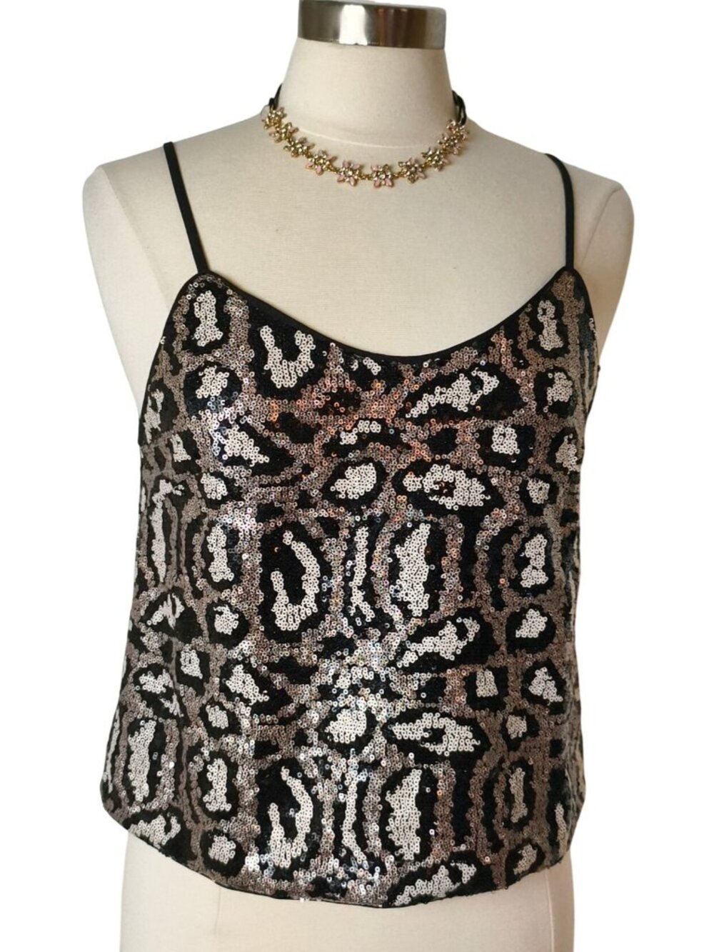 Fate Womens S Sequin Cami Leopard Print Shell Black Silver Chic Partywear Design